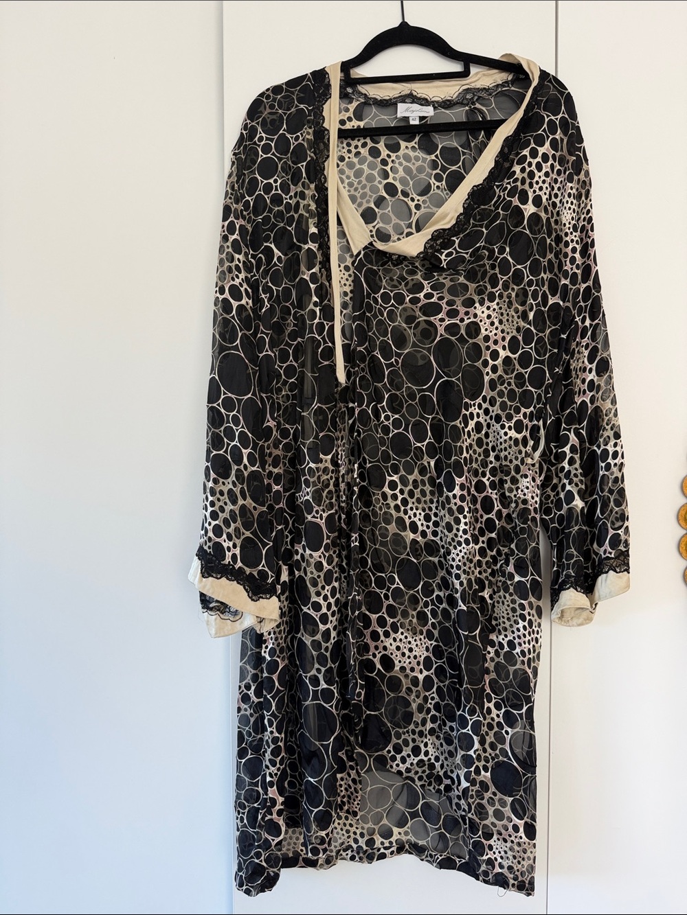 Silk Sheer Polka-Dot Robe with Cream Trim